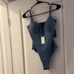 Blue JLUXLABEL Denim Bodysuit Brand New
